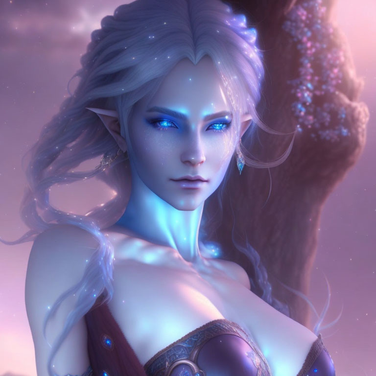 Mystical female elf digital art portrait with blue skin, eyes, pointed ears, and silver hair