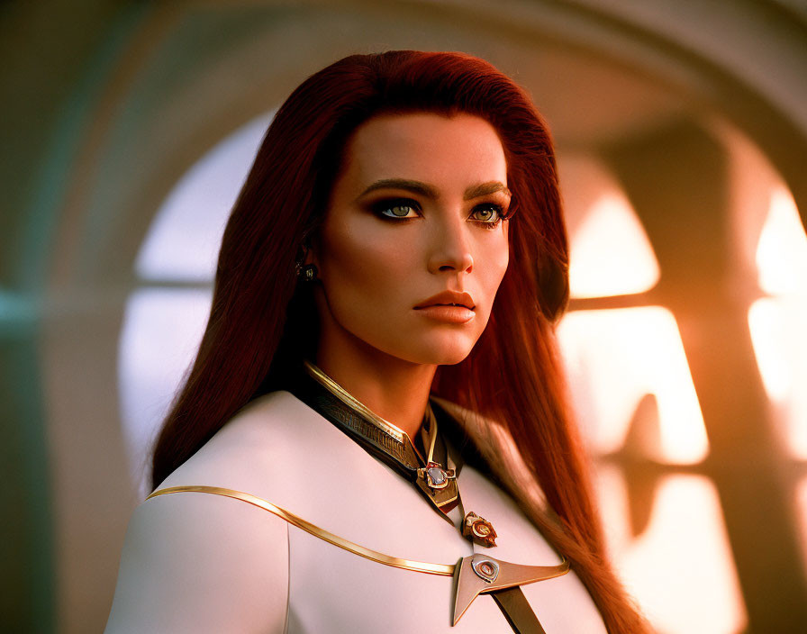 Realistic 3D illustration of woman with red hair and green eyes in white uniform against arched