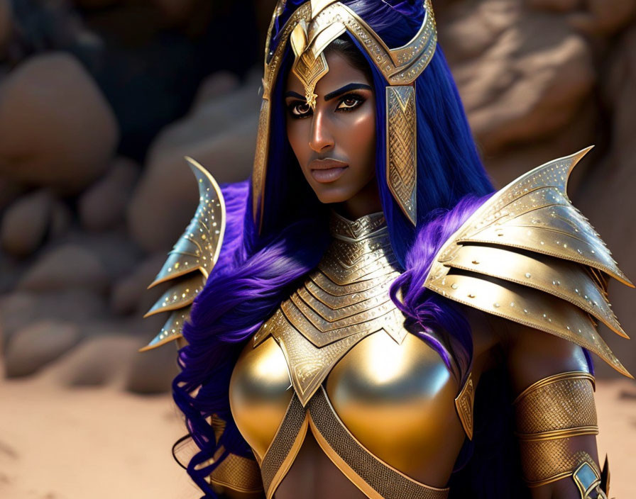 Animated female warrior with purple hair in golden armor and blue cape on rocky background