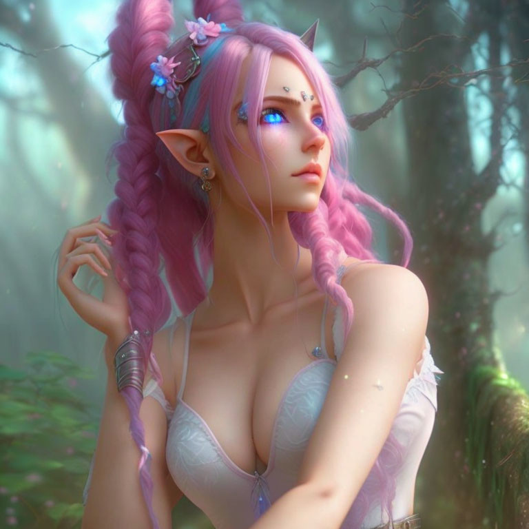 Digital artwork of a female elf with pink hair in misty forest.