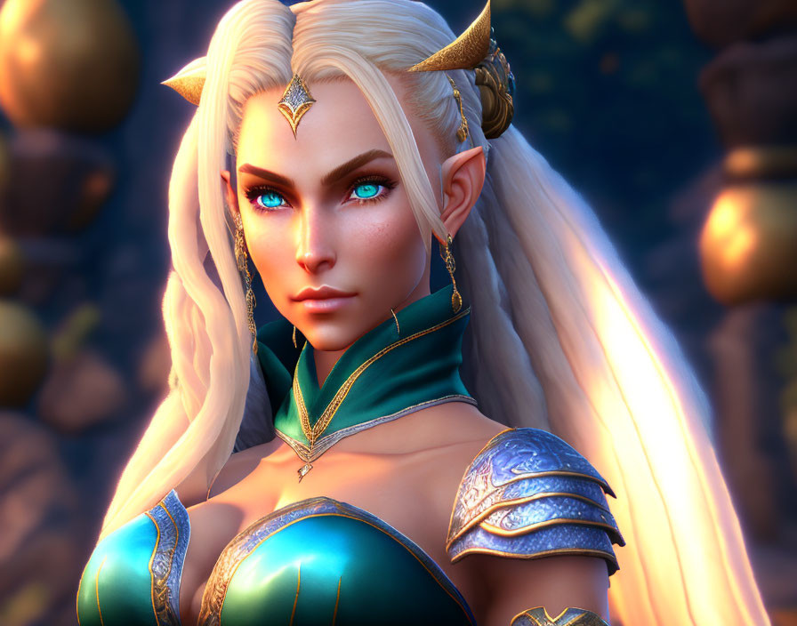 Fantasy elf digital art: glowing blue eyes, white hair, ornate gold and blue armor