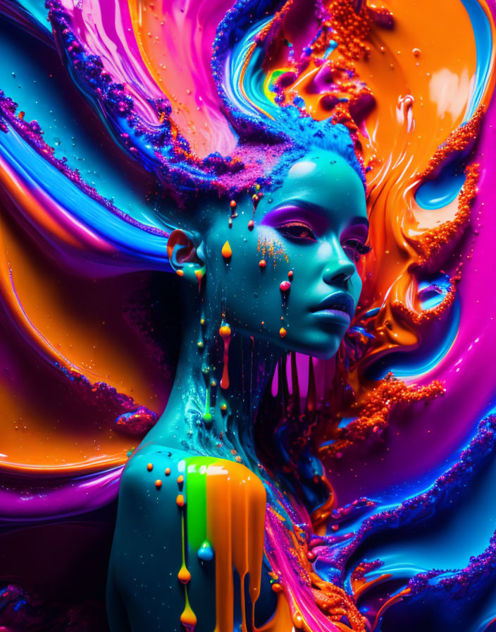 Colorful portrait with swirling blue and orange paint hues