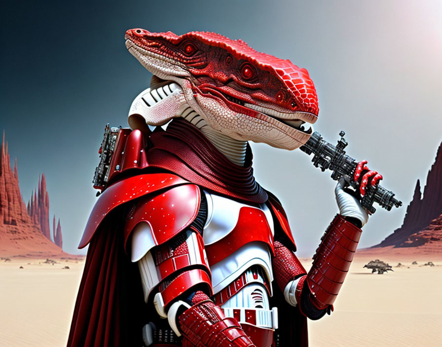 Red humanoid reptilian creature in futuristic armor with blaster in desert landscape