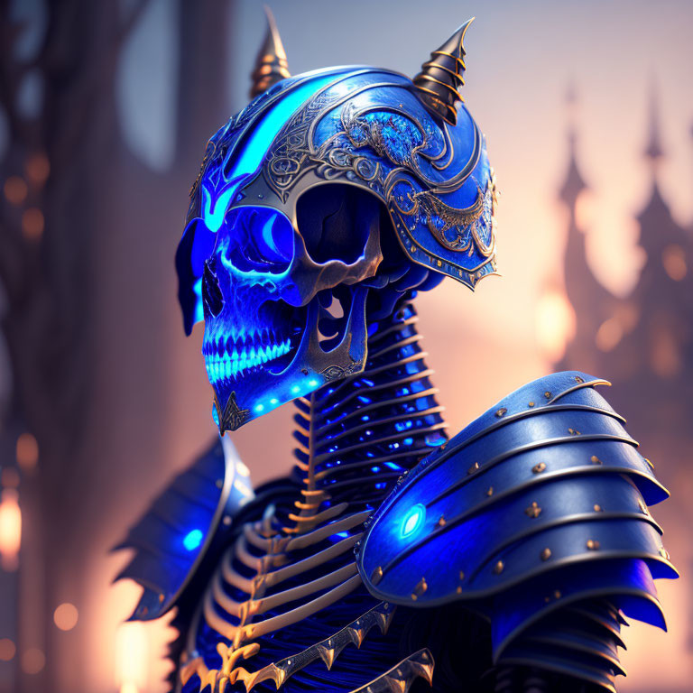 Skull with Blue Glowing Helmet and Armor in 3D Illustration