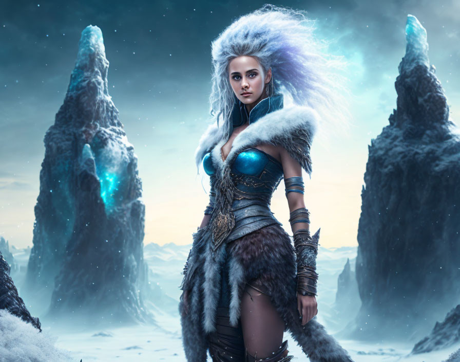 White-haired warrior woman in snowy landscape with glowing ice formations