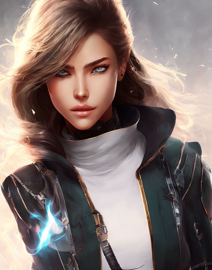 Digital artwork: Woman with blue eyes, flowing hair, and futuristic armor with glowing blue energy.