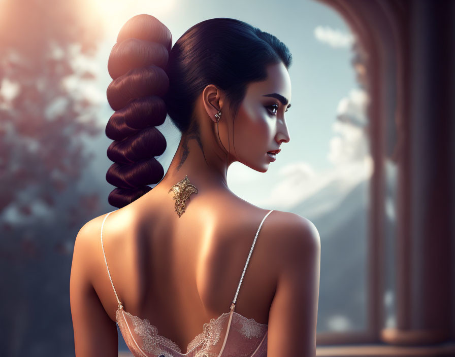 Woman with intricate updo and shoulder tattoo gazing out window in sunlight