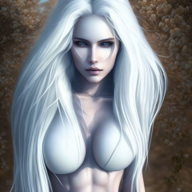 Digital artwork: Woman with long white hair, piercing blue eyes, fair skin, ethereal look against