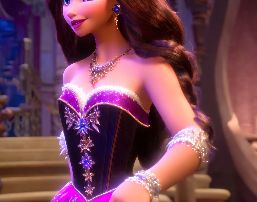 Long-haired animated character in detailed corset on purple staircase