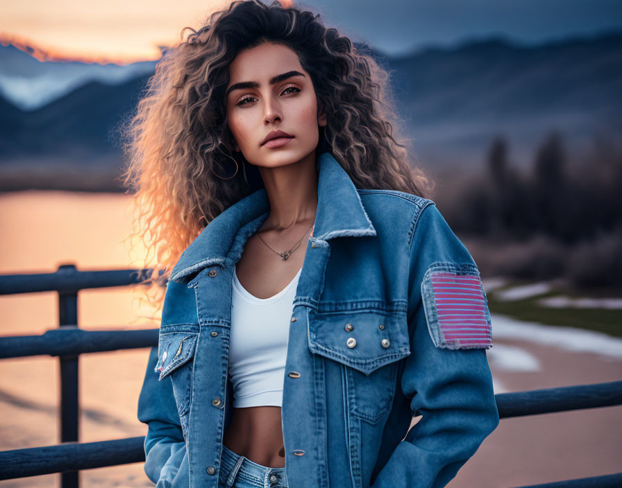 Curly-haired woman in denim jacket by sunset water view