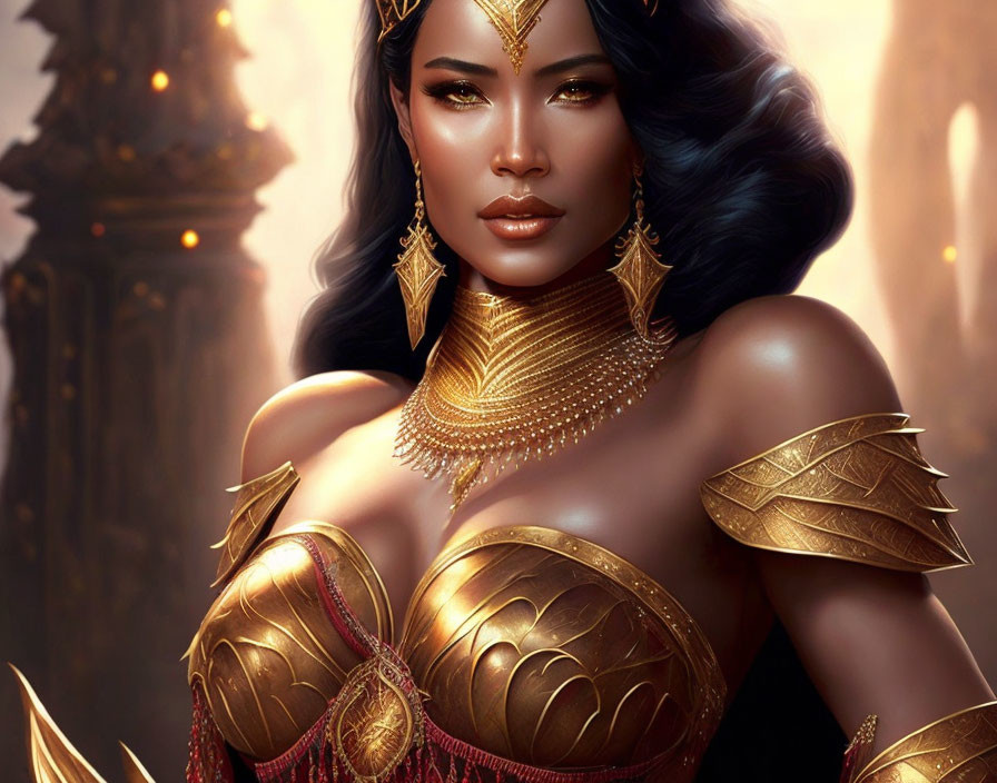 Detailed illustration: Woman in golden armor and jewelry against warm, softly lit background symbolizing regality and