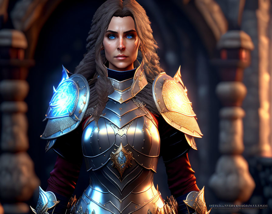 Female warrior digital art: blue-eyed, in intricate fantasy armor, with magical emblem on arm