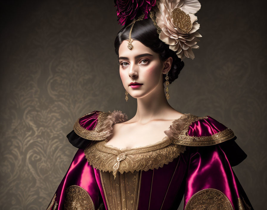 Victorian-style gown with gold embroidery on woman against floral backdrop