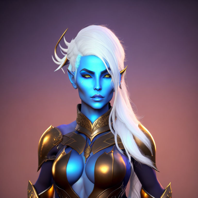 Fantasy female character with blue skin, white hair, pointed ears, yellow eyes, gold-trim