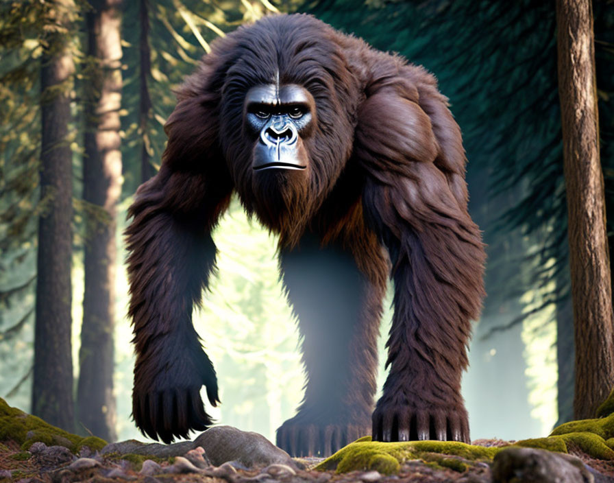 Detailed digital illustration: Muscular gorilla in sunlit forest clearing