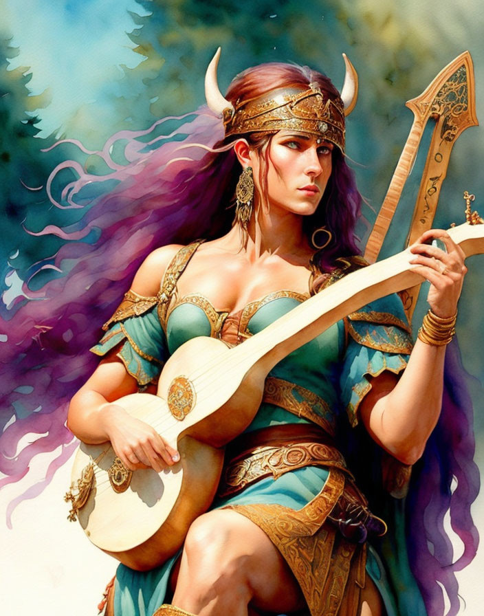 Warrior woman with horned helmet playing lyre in blue and gold attire, purple wisps.