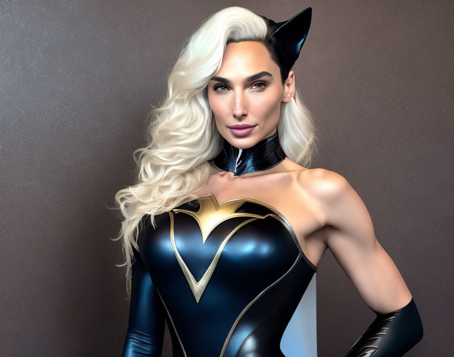 Superhero with Long Blond Hair and Cat Ears in Black Costume