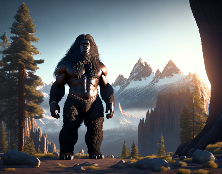 Muscular anthropomorphic creature in forest clearing with mountains.