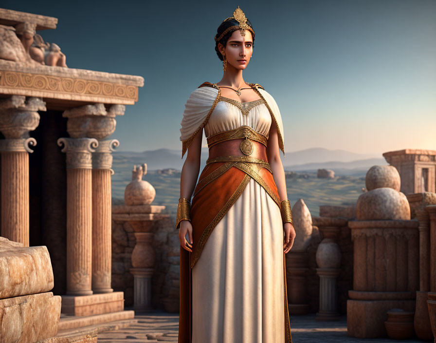 Animated woman in ancient Greek attire among classical ruins at sunset