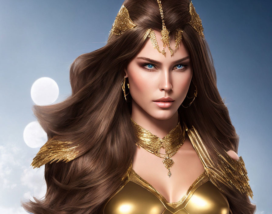 Digital artwork of a woman in golden armor against a moonlit sky