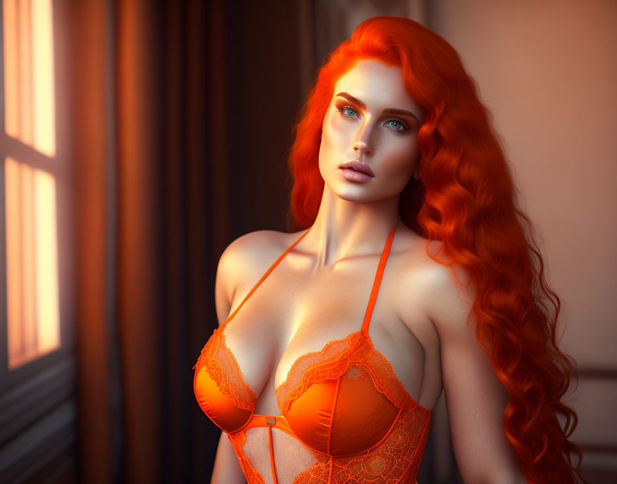 Red-haired woman in orange lace under warm sunlight