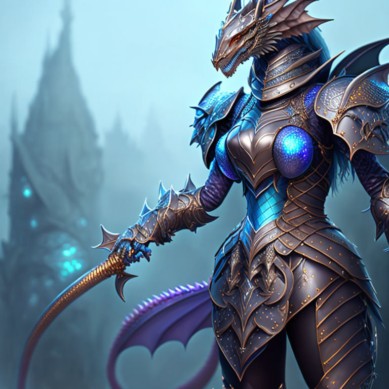 Detailed Dragon-like Humanoid in Blue and Silver Armor with Spiked Mace