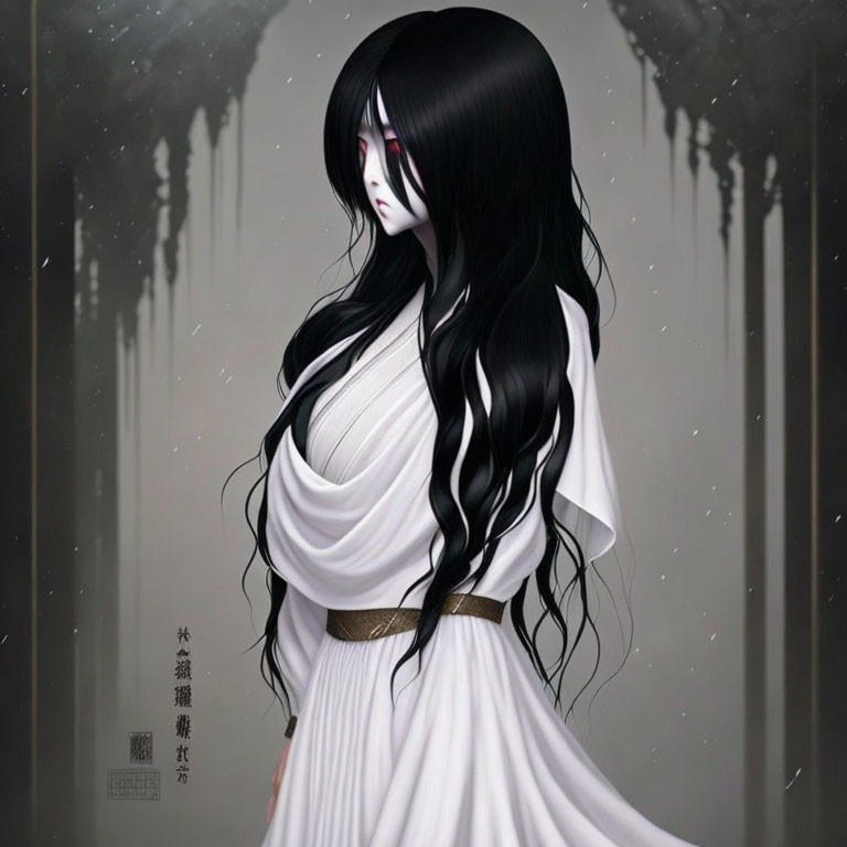 Mysterious figure with long black hair, red eyes, and pale skin in misty forest