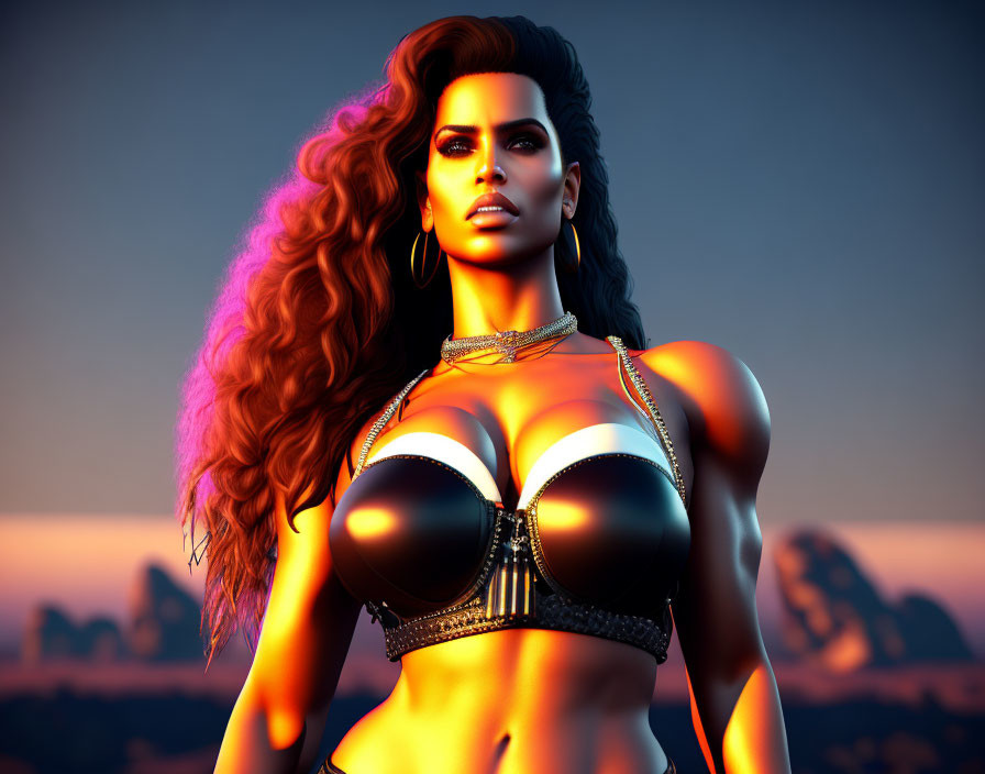 Voluminous Hair Woman in Black Bikini Top 3D Illustration