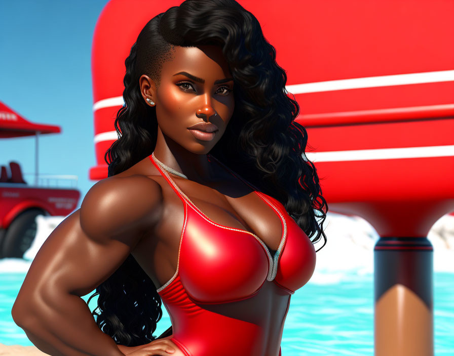 Confident Red Swimsuit Animated Character on Beach