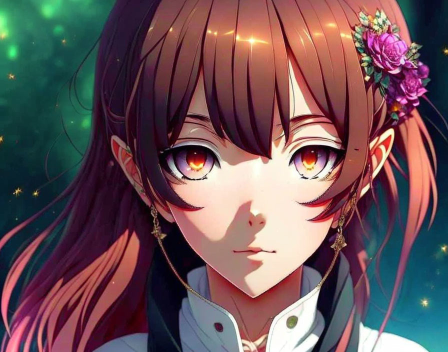 Illustration of a girl with amber eyes, brown hair, and floral hair accessory on green backdrop