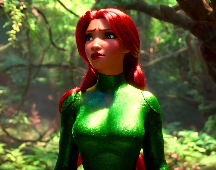 Red-haired female character in green suit pensive in forest with sunlight filtering through leaves