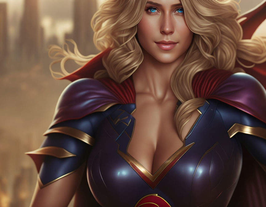 Digital artwork: Female superhero with blonde hair, blue eyes, red cape, blue costume