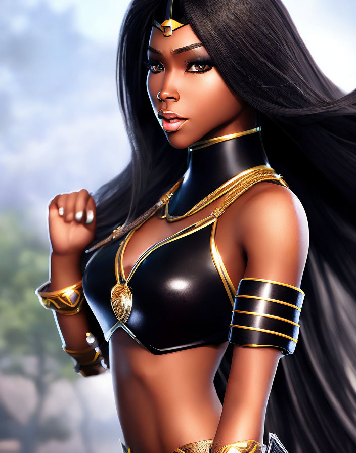 Confident Black Female Warrior in Gold-Trimmed Armor