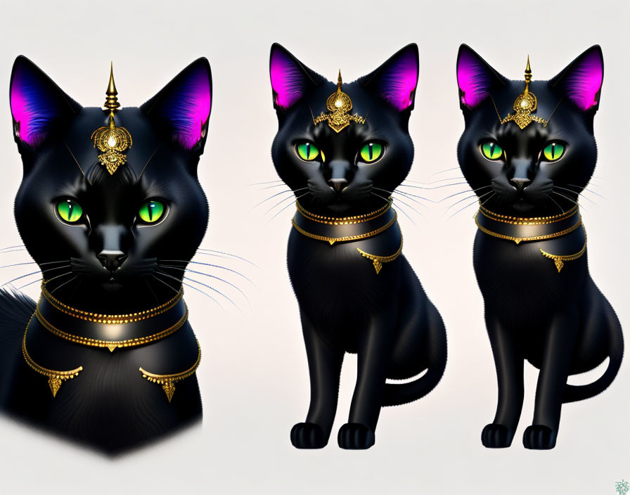 Stylized black cats with green eyes and gold accessories on white background