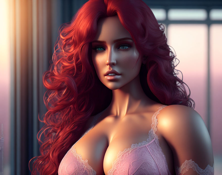 Portrait of woman with red hair, blue eyes, lace garment, soft lighting