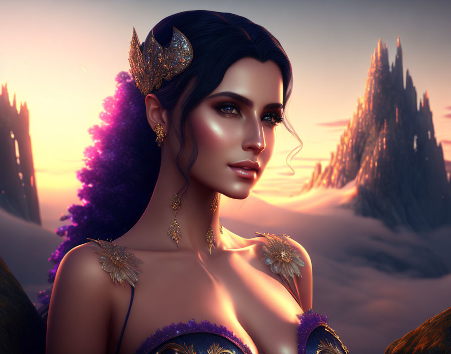 Fantasy-inspired digital artwork of a woman in sunset landscape