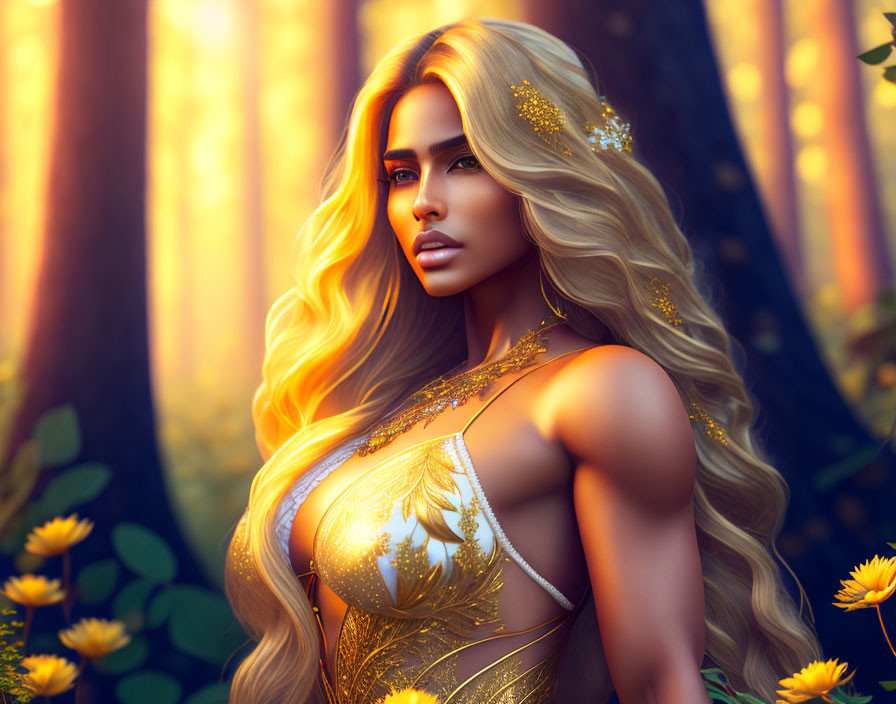 Golden-haired woman in ornate attire in ethereal forest sunlight