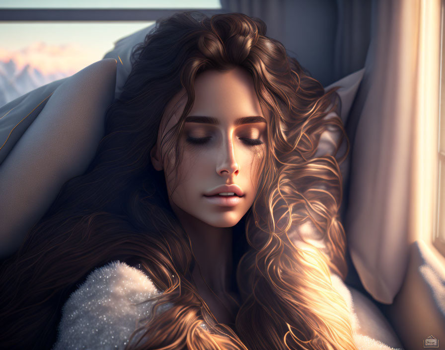 Serene woman with long, wavy hair resting in sunlight