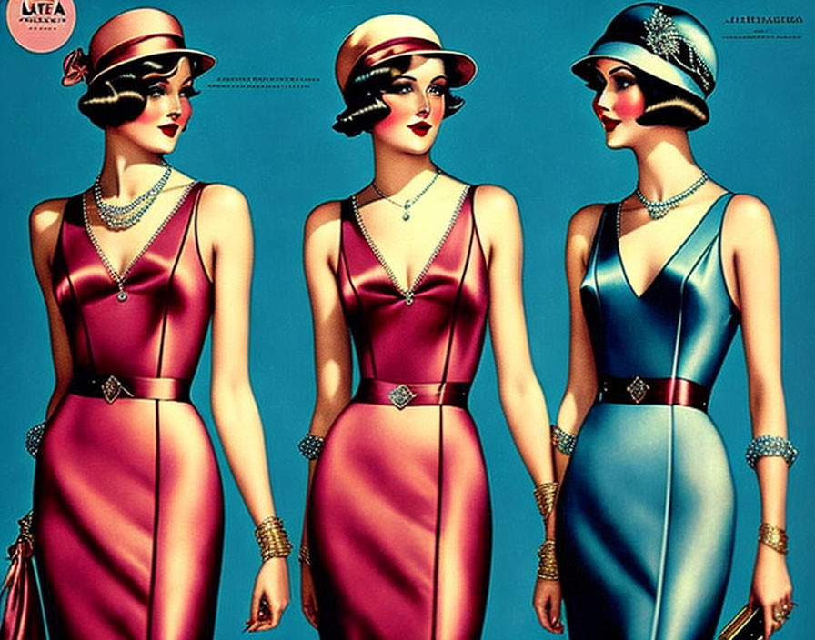 Three vintage-style female illustrations of 1920s fashion with cloche hats, sleek dresses, pearls