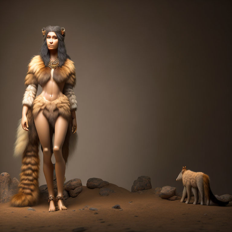 Digital art: Humanoid female with feline traits in fur attire, desert scene with attentive fox