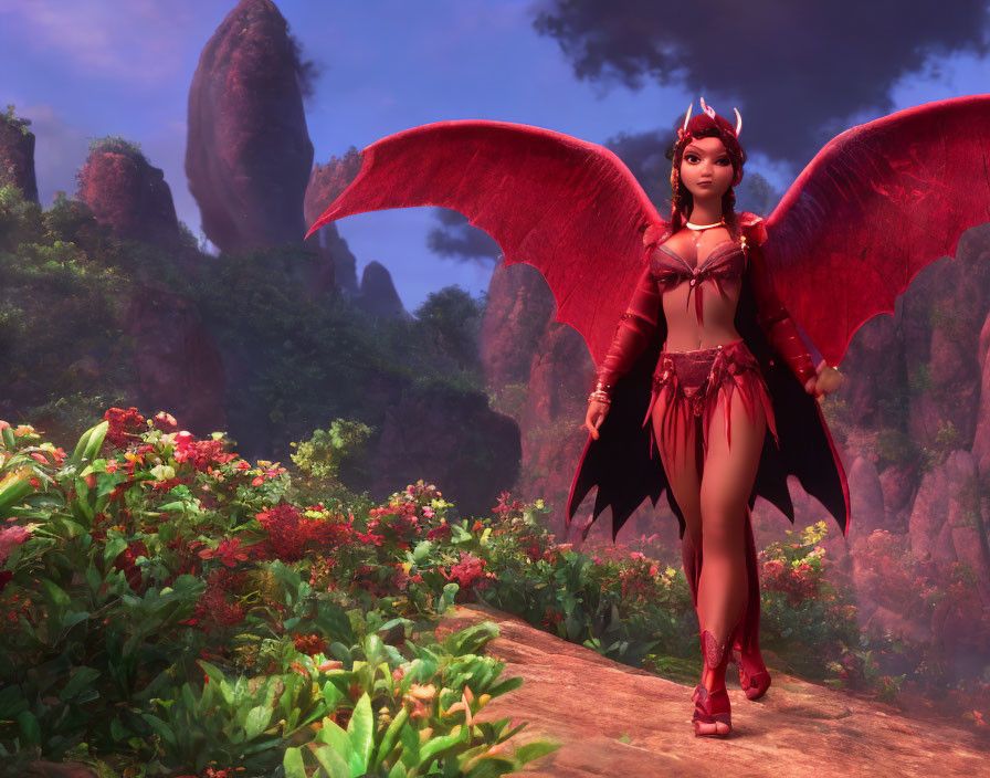 Fantasy digital artwork of female character with red wings and armor in lush landscape