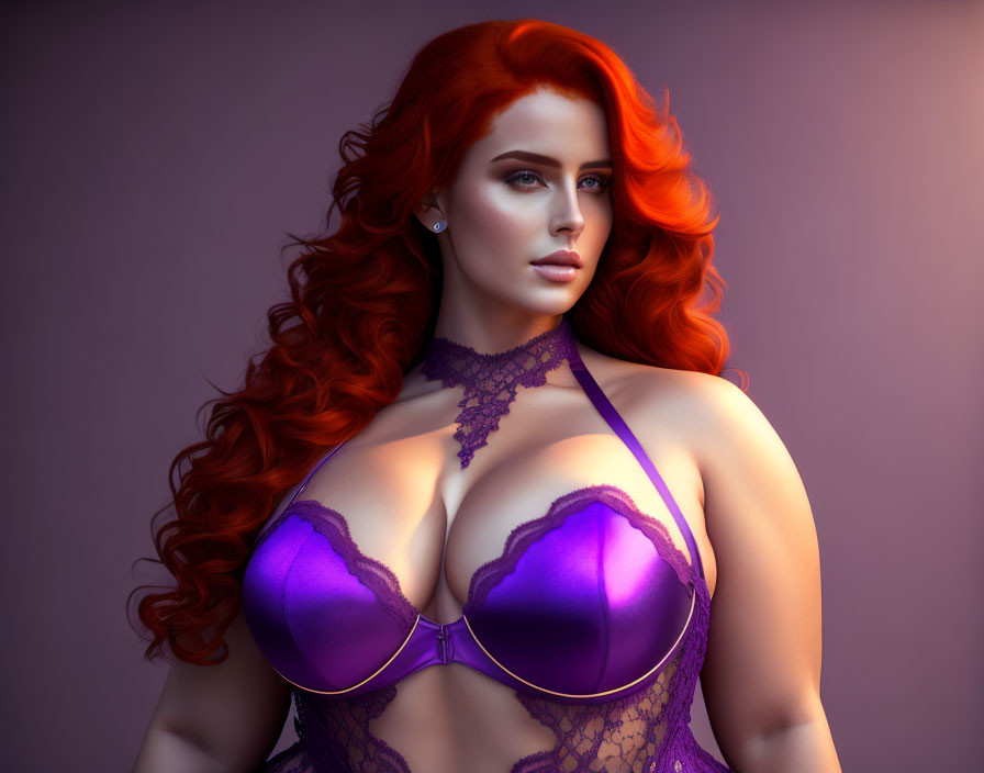 3D-rendered image of woman with red hair in purple lingerie