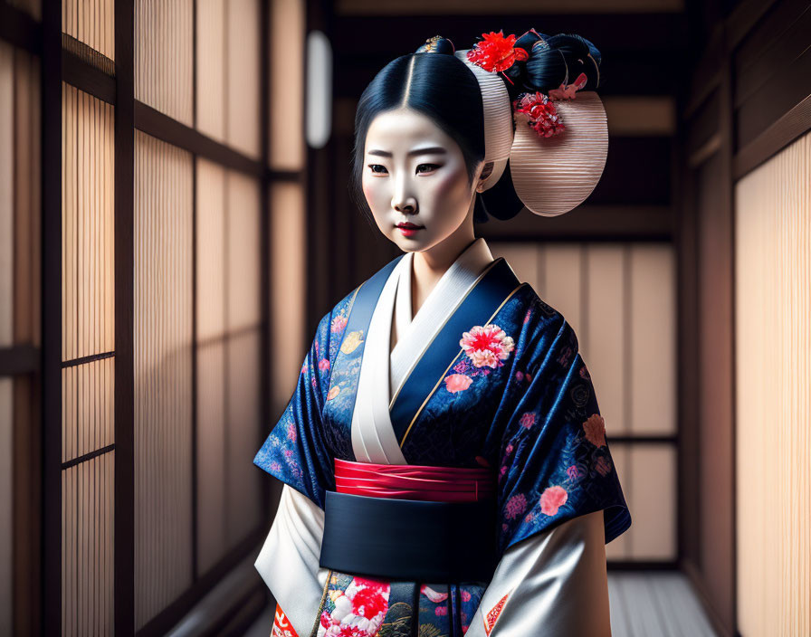 Woman in ornate kimono with red flowers and traditional hairstyle in Japanese house