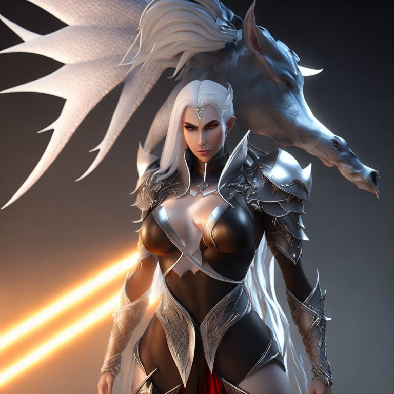 Fantasy female warrior with white hair in silver armor beside mystical horse