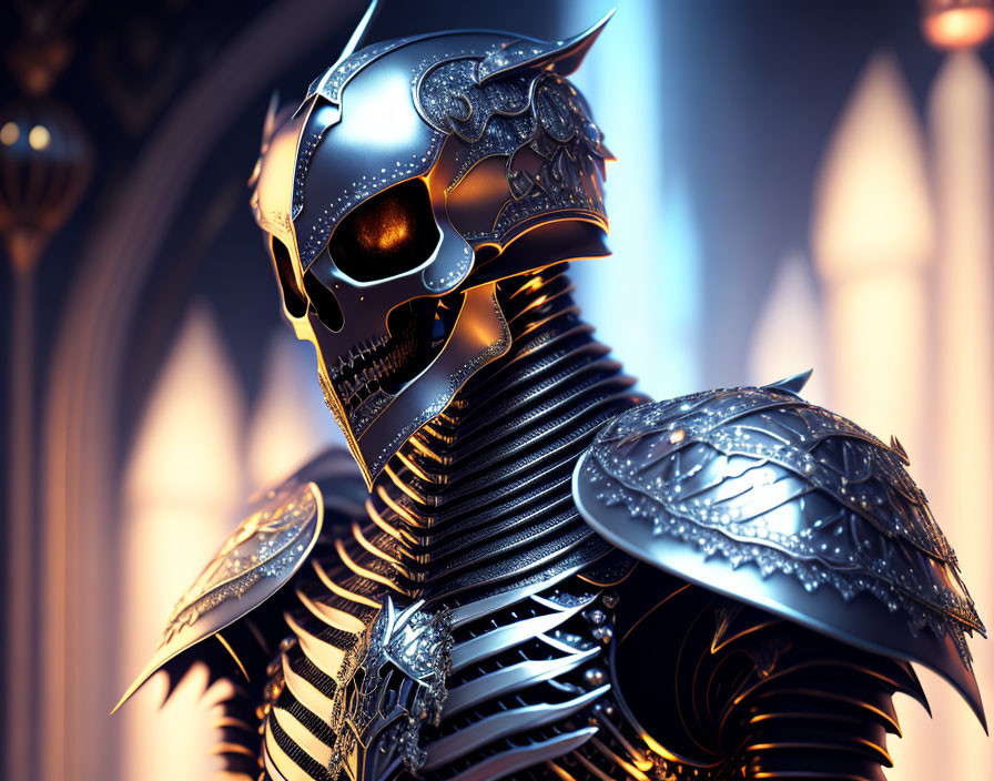 Detailed 3D rendering: Knight's armor with skull helmet, intricate designs, metallic finish, against