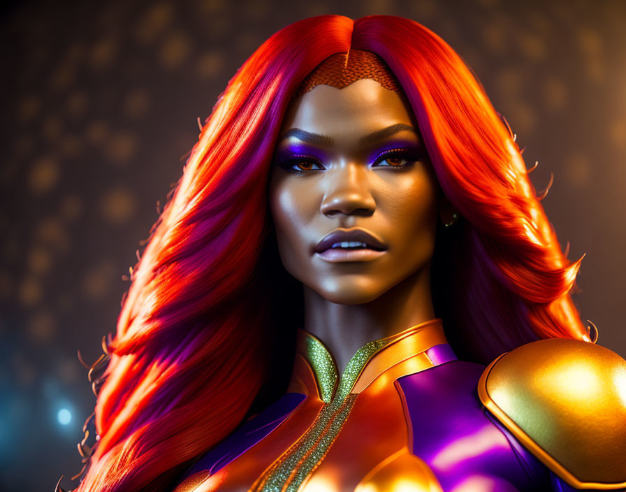 Woman with Red Hair in Golden Armor and Purple Eyeshadow