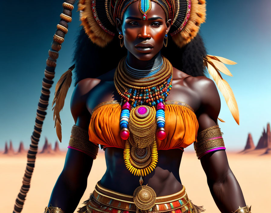 Digital illustration of woman in African tribal attire against desert backdrop