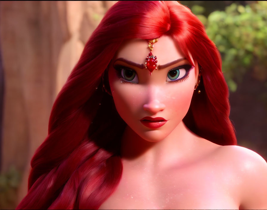 Close-up of 3D-animated female character with red hair and green eyes wearing red jewel forehead