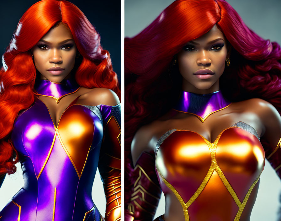 Vibrant red-haired woman in colorful superhero costume posing confidently