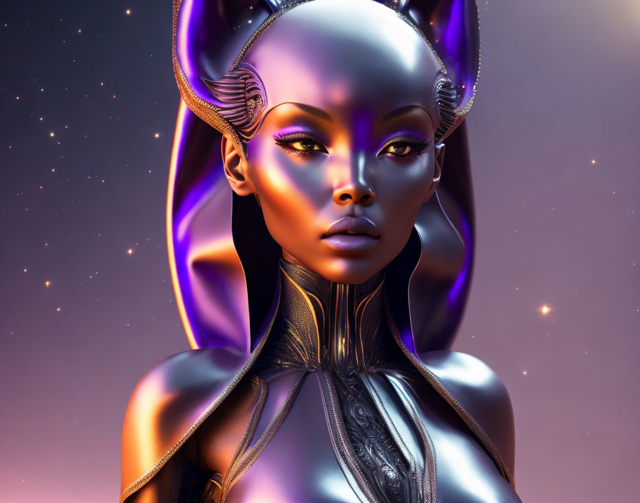 Female alien illustration with glossy skin and futuristic headgear on starry backdrop